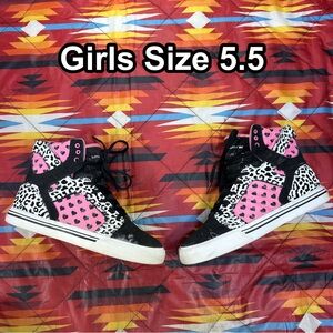 Supra Muska 001 High Top Sneakers Girls Size 5.5 Cheetah Heart Pink Shoes FLAWS